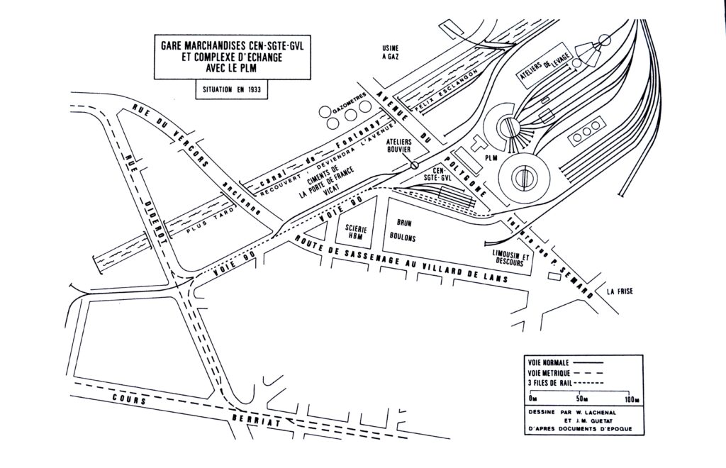 Le Dépôt de Grenoble avec ses deux rotondes et l'ex-remise de la Cie du Dauphin‚ et ses accès tramways en 1933 Plan : William LACHENAL et Jean Marie GUETAT